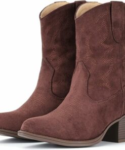 Coffee Suede Ankle Western Cowgirl Boots VA5