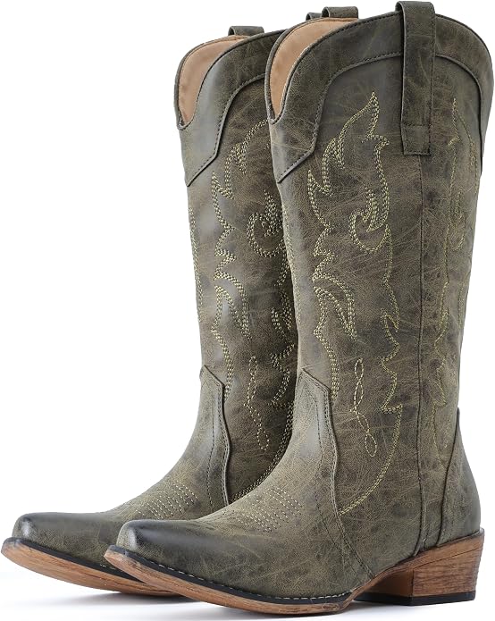 Olive Green Mid Calf Fashion Cowgirl Boots VA9