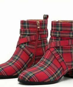 Women's Red Plaid Ankle Boots VA11
