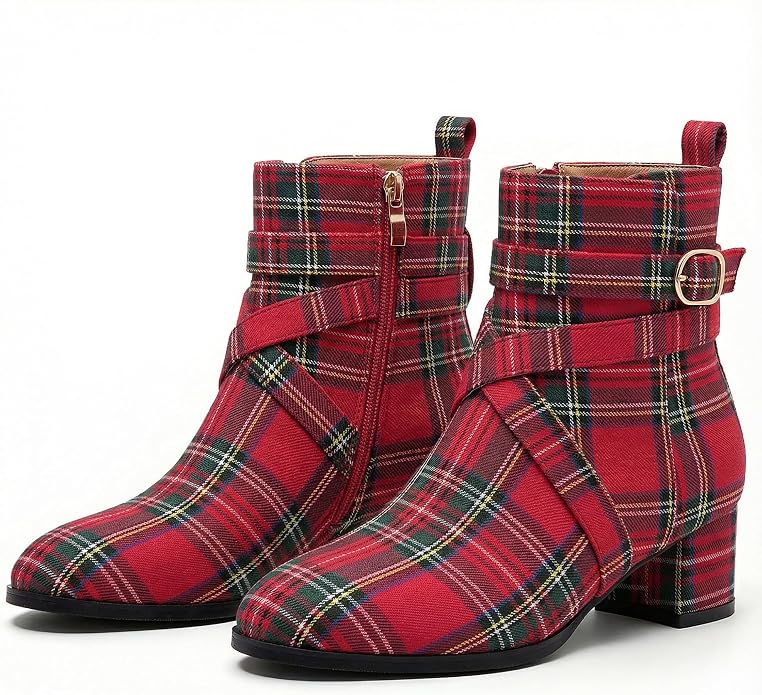 Women's Red Plaid Ankle Boots VA11