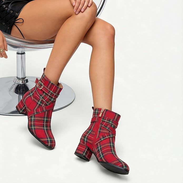 Women's Red Plaid Ankle Boots VA11 - Image 2
